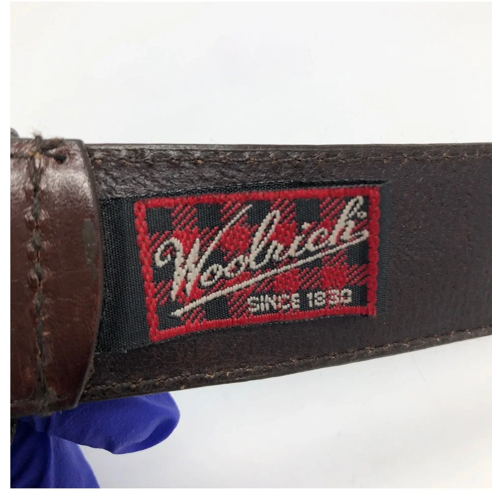 Woolrich Mens Brown Leather Belt 42 Italian Leather Woven Center Strip